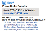 84614711 OEM Power Brake Booster 2016-2024 Chevrolet Camaro Cadillac ATS CTS
