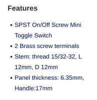 SPST On/Off Screw Mini Toggle Switch 2 Brass Screw Terminals 12/24V Dual 5514-01