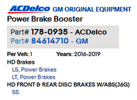 84614711 OEM Power Brake Booster 2016-2024 Chevrolet Camaro Cadillac ATS CTS