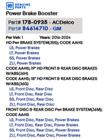 84614711 OEM Power Brake Booster 2016-2024 Chevrolet Camaro Cadillac ATS CTS