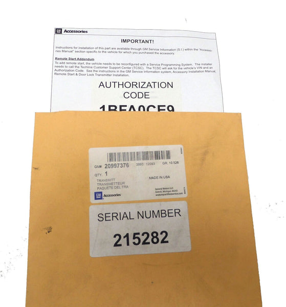 GM Transmitter Authorization Code Remote Start Addendum Theft Deterrent 20997376